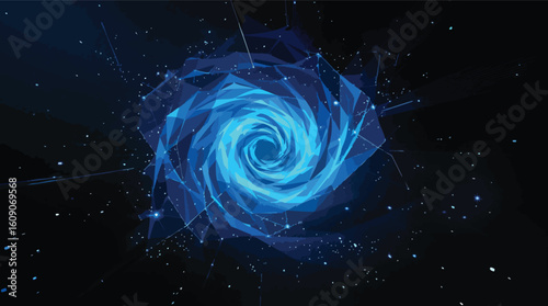 Abstract blue swirling vortex formation with connected lines and starry background design.