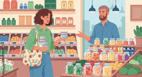 Customer and Shopkeeper Interacting in a Colorful, Well-Stocked Grocery Store