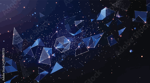 Abstract geometric shapes floating in a dark space with glowing particles and dots.