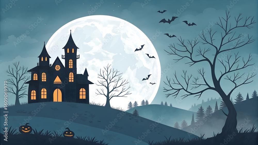 Fototapeta premium Mysterious Halloween Haunted House Silhouette Under Full Moon, Spooky Night Scene