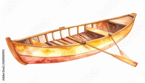 A watercolor painting of a wooden rowboat with warm orange and yellow hues, isolated on a white background. The illustration has a rustic and charming handcrafted feel.