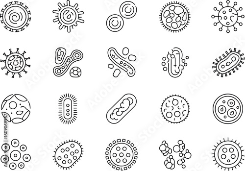 Illustration of various types of bacteria and viruses in a line art style on a white background