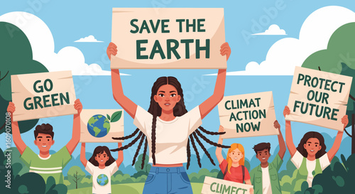 Diverse group of young activists advocating for climate action and environmental protection
