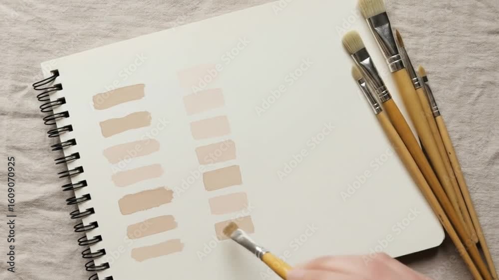 Close up of paintbrushes and color swatches on a sketchbook with a spiral binding