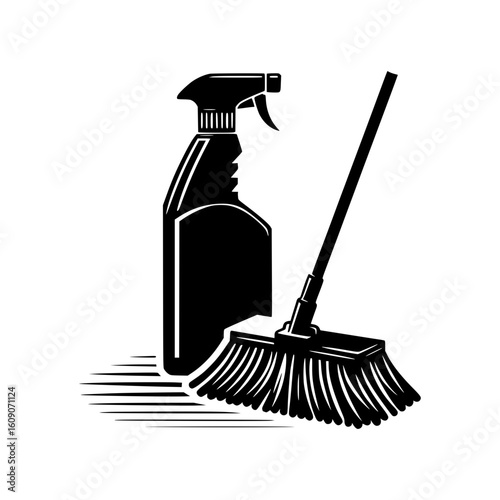 Black silhouette of a spray bottle and broom for cleaning