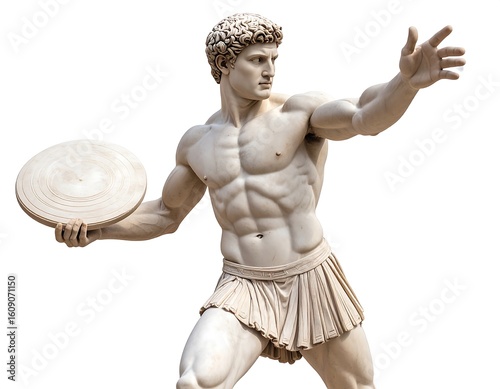 Ancient marble statue of a discus thrower.  Muscular,  athletic figure,  powerful stance,  holding discus