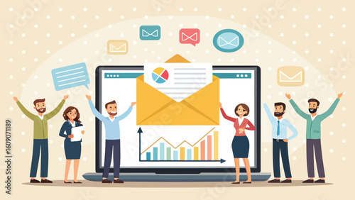 Team celebrating successful email marketing campaign with charts and communication icons

