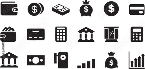 set of solid black silhouette finance and banking