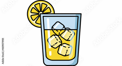 Refreshing lemonade illustration with ice cubes and a lemon slice garnish