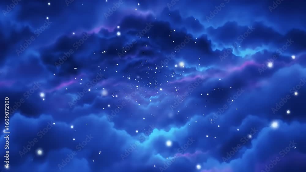 A serene animated journey through a cosmic cloud tunnel of blue and purple nebulas with glowing stars seamless video loop