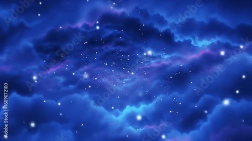 A serene animated journey through a cosmic cloud tunnel of blue and purple nebulas with glowing stars seamless video loop