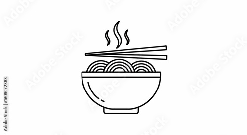 Simple Black and White Illustration of Steaming Noodles and Chopsticks