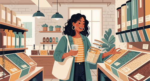 Smiling Woman Shopping in a Sustainable Grocery Store with Basket and Glass