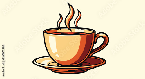 Stylized Coffee Cup with Steaming Aroma, Warm Tones, and Bold Outline