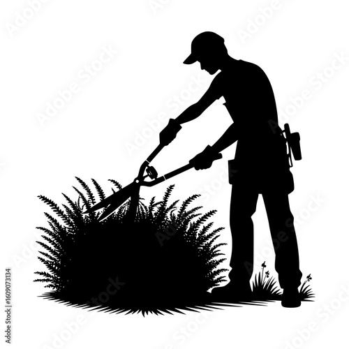 Gardener silhouette trimming bushes with shears on a white background