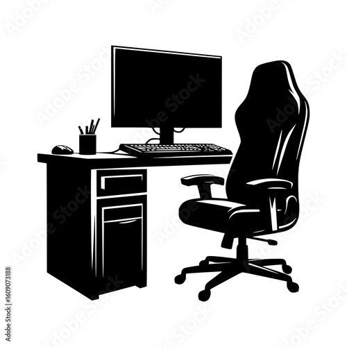 Modern gaming setup with computer desk and ergonomic chair