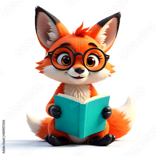 A cute cartoon red fox wearing round glasses, sitting and reading a teal book