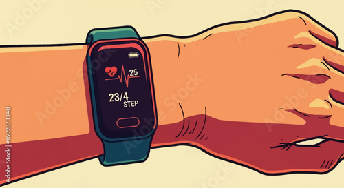 Stylized wrist with a teal smartwatch displaying heart rate and step count