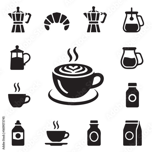 Black and white coffee icons set for menu design and branding projects, simple cafe elements collection