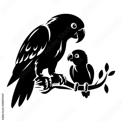 Silhouette of two parrots perched on a branch with leaves