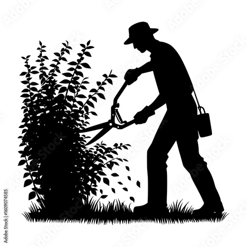 Gardener silhouette trimming a lush green bush with shears