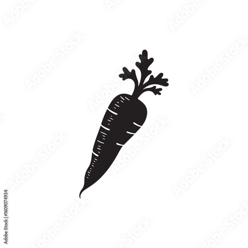Black-and-white image of a cartoon carrot with dark green stems in the corner. Silhouette of a fresh carrot with leaves.