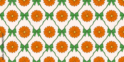 Coquette wallpaper. Vector illustration of marigold flowers Coquette bow ribbons seamless pattern. Perfect Coquettish living room interior wall cover fabric textile print. EPS 10
