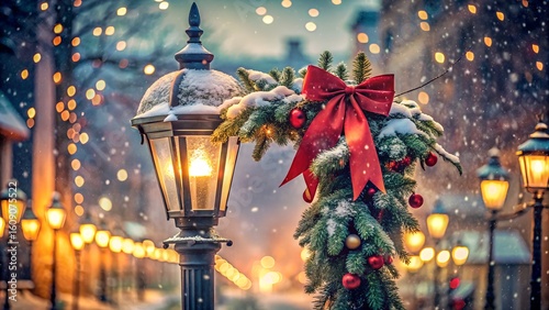 Snow-Covered Christmas Garland Adorns Festive Street Lamp; Romantic Winter Night Scene