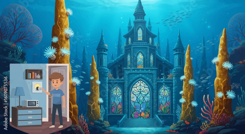 Underwater Gothic Castle with Stained Glass and a Boy Turning Off a Light