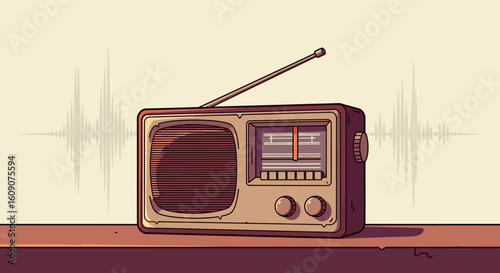 Vintage Radio with Antenna and Sound Waves, Retro Style Illustration