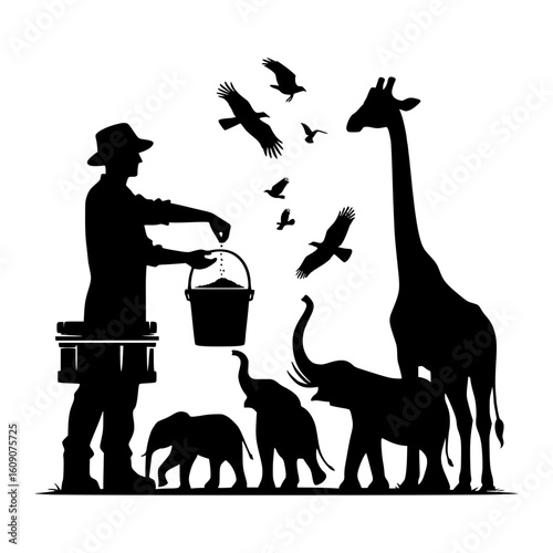 Zookeeper feeding elephants and giraffe with birds flying around