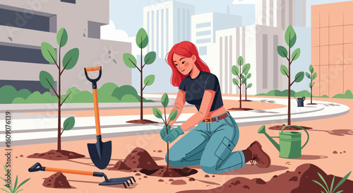 Woman Planting a Tree in Urban Setting, Environmental Conservation Concept