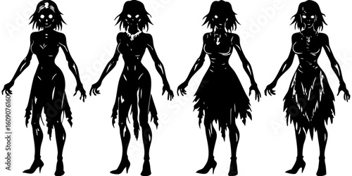 Scary Zombie Woman Silhouettes: Halloween Horror, Undead Figures