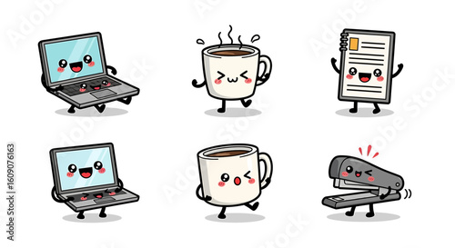Kawaii Laptop Character with Smiling Screen and Keyboard Faces.