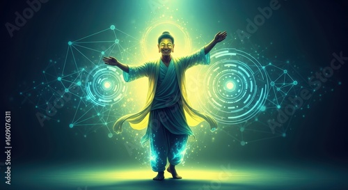 Smiling buddha figure with open arms standing on digital data lines. Concept of enlightenment, spiritual connection, and technological harmony.