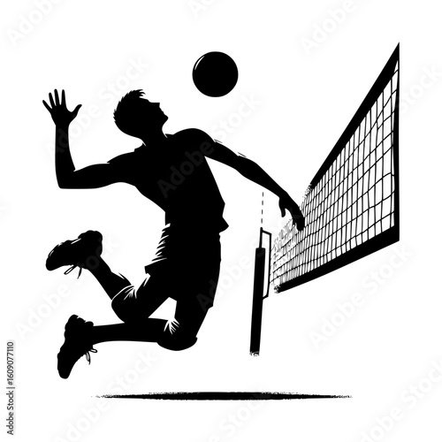 Silhouette of a male volleyball player spiking the ball over the net