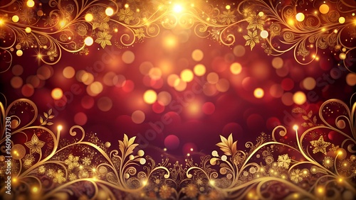 Luxurious Gold Floral Design, Festive Red Bokeh Background; Elegant Holiday Sparkle