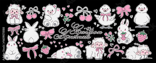 Cartoon cutie animal sticker. Label set with hearts, bows, fruits, and flowers. Cute mascot character for kids. Vector set isolated on black background