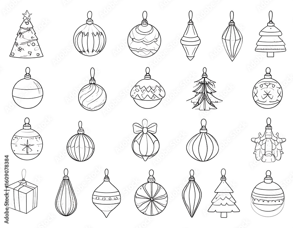 Black and white Christmas ornament illustrations. Various shapes and patterns, including balls, trees, and gift boxes. Perfect for coloring Black and white Christmas ornament illustrations. Various shapes and patterns, including balls, trees, and gift boxes. Perfect for coloring