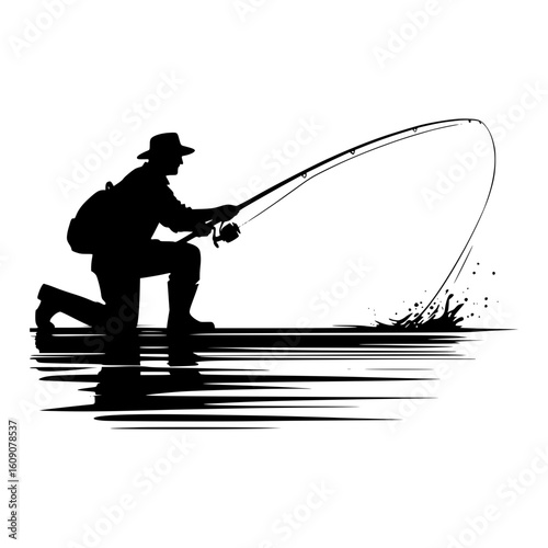 Silhouette of a fisherman casting a line on the water