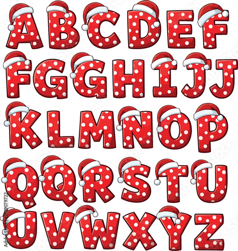 Christmas Alphabet Letters in Santa Hats – Festive Red Polka Dot Uppercase Font Set