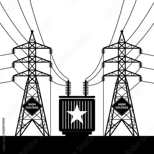 Electric Power Transmission Lines and Transformer Station with High Voltage Warning Illustrating Energy and Infrastructure