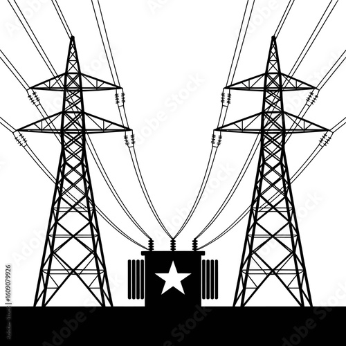 Black and White Silhouette Illustration of Power Lines and Transformer with Star Emblem Emphasizing Energy Distribution and Infrastructure