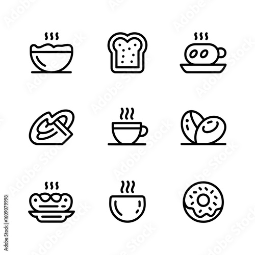 Breakfast Food Icons Collection Minimalist Outline Style Representing Healthy and Tasty Morning Meals with Coffee Toast Donut and More