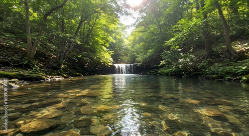 Forest Stream and Waterfall, Cool Secret Place in Summer Nature