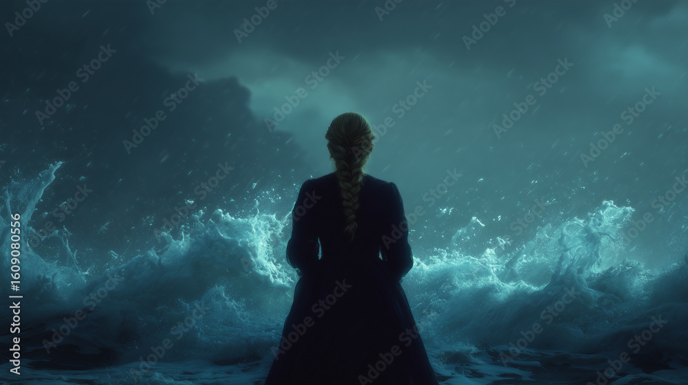 Obraz premium victorian or viking woman standing alone by a stormy sea under dramatic sky — perfect for book covers, historical fiction, emotional storytelling, or gothic fantasy posters 