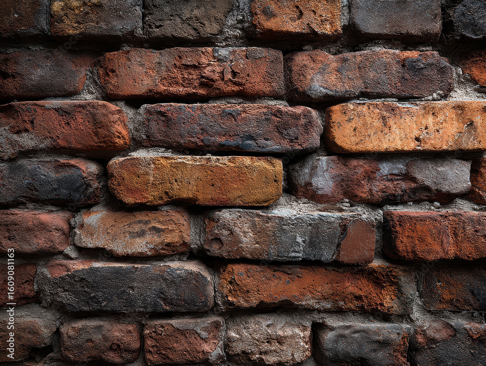 Obraz premium Close-up of an old, weathered red brick wall with varied sizes and irregular shapes Natural lighting, soft shadows, photorealistic style, and a slight angle suggest daylight No text v - AI-Generated