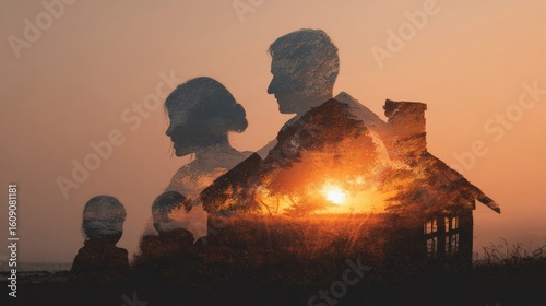 Double exposure of a family and a house with a sunset