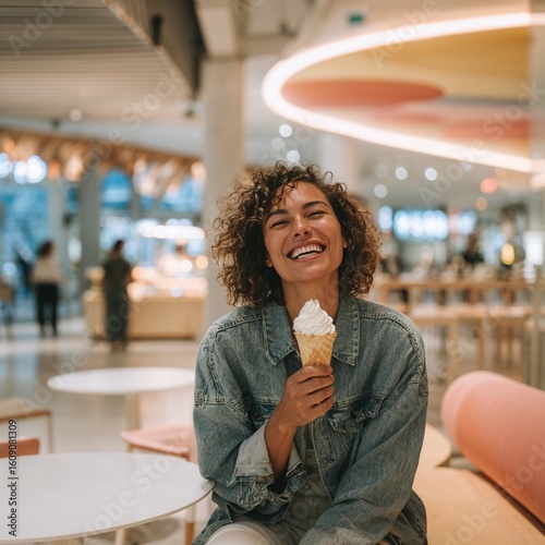 Smiling woman enjoying ice cream cone in modern shopping mall