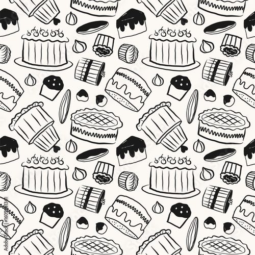 Cakes and pastries bakery seamless pattern. Repeating background with French sweets, products pastry. Design for bakeshop, menu, card, print, logo. Graphics with chocolate, creamy, festive cakes, food
